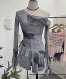 Tie Tie Net Yarn Oblique Shoulder Babes Sexy Body-On-Sleeve Horn Irregular Top