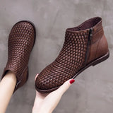 Boots Women short boots Woven cowhide Flat casual shoes Autumn and winter flat ankle boots brown Black ladies
