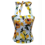 Women Vintage 50s 60s Shirt Floral Print Button Halter Hollow Pinup Retro Cropped Tops Rock Sexy Rockabilly