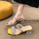 Large Size Thick Heel Medium Heel Two Wear Sandals Female 24 Years New High Heels Fashion Rhinestone Crystal One Word