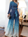 Wide Leg Pants Printed Two Piece Set New Summer Slan shoulder Sexy Party Sequins Suits Commuter High Waist Office Lady
