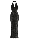 Halter Deep V Neck Sequin Maxi Dress- Outfit