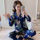 Sleepwear spring Pajamas Set for women Fake Silk Print Sweet Pijama Set Girl Nightgown Loose Waist Long Pant Silk