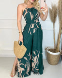 Summer Holiday Wear Clothes Women's Sexy Halter Colorblock Slit Leg Jumpsuit Printed Sleeveless Casual