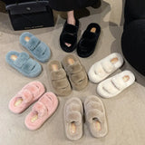 Double With Fur Thick Bottom Slippers Women Autumn And Winter Double One-Word Slope And Warm Cotton Slippers