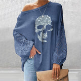 Spring Casual Loose O Neck Glitter Skeleton Long Lantern Sleeve Women Tops Over Size Clothes Ladies Lounge Shirt