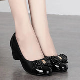 Beaded Mother Shoes Soft Soles Single Shoes Thick Heel Lazy Leather Shoes Round Head Working Shoes Heel Women's