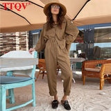 Casual Brown Two Piece Sets Womens Outifits Fashion Loose Lapel Shirt And Autumn Elastic Waist Button Trousers Female