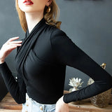 Halter Collar Elegant Tshirts Women Long Sleeve Soft Base Tees 2023 Autumn Winter Female T Shirt
