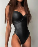 Women PU Leather Plunge Sleeveless Skinny Bodysuit Ladies Backless Short Jumpsuits Bodysuit Tops Club