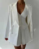 Solid V-neck Vest And Pleated Mini Skirt Set-Outfit