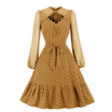 Lantern Long Sleeves Polka Dot Printed Midi Dress Women Elegant Vintage Hollow Out Autumn Swing Pinup Dresses Robe