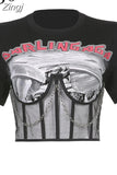 Streetwear Punk Style Patchwork Print Black T-shirt Women Cropped Corset Top Transparent Summer T-shirts Gothic
