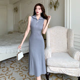 Zingj Lapel Zipper Strip Sleeveless Knitted Dress Female Summer Hong Kong Style Retro Style Skinny