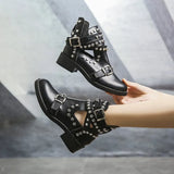 Hollow Short Barrel After Zipper Leather Boots Rivet Large Thick And Round Head Cool