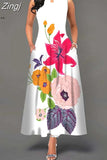 Boho Long Dresses Women Elegant Sleeveless Casual Floral Print Beach Party Maxi
