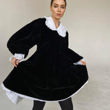 Zingj New Autumn And Winter Design Sense French Doll Collar Fashion Casual Velvet Little Black Dress Dress Shaggy Skirt Woman-Outfit