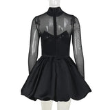 Black Turtleneck Sheer Long Sleeve Satin Mini Dress- Outfit