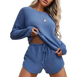 Knit Pajamas Suit Long Sleeved Top And Shorts With Casual Suit Home Clothes Sportswear Women's