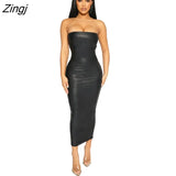 Autumn Sexy Leather Dresses For Women 2021 Strapless Backless Bandage Bodycon Long Dress Ladies Party Black Maxi