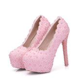 Lace Heels Wedding Shoes Lace Pearl Shoes Size Fine Heel Waterproof Shoes