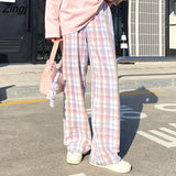 Pants Women Cute Japanese Sweet Lovely Kawaii High-waist Pink Elastic Straight Plaid Ins Loose Spring Autumn