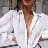 Fashion Crochet Lace Shirts Long Puff Sleeve Casual Flower Embroidery Buttons Down Blouse Tops Office
