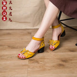 Zingj Summer Sandals National Style Leather Women's Shoes Thick Heels Fish Mouth Mother Shoes Middle-Aged Women's Shoes Soft-Soled Women's