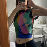 Summer Mesh Printed Sexy Cropped Tanks Camis Fashion 90s Harajuku Casual Crop Tops Tees Basic Streetwear
