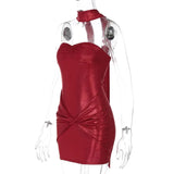 Red Sequin Strapless Draped Bodycon Mini Dress- Outfit