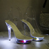 Zingj 34-43 Sexy Super High Heels Luminous Thin Heel Waterproof Platform Sandal Transparent Model Crystal Shoes Wedding
