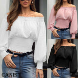 Off Shoulder Autumn Chiffon Shirts Top Lady Women Long Sleeve Shirt Slim Casual Solid White