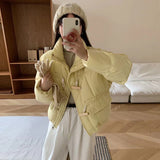Sweet Wood Button Short Down Jacket Female 2024 Winter New Stand Collar Small Warm White Duck Down Bread Coat-Outfit