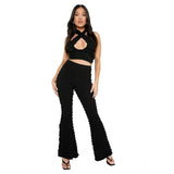 Popcorn Cloth Two Piece Set Women Sexy Cross Halter Backless Vest Crop Top Slim High Waist Flare Pants Fashion