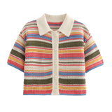 钩编 POLO T-Shirt Blouse Striped Crochet Shorts Set For