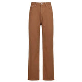 Casual Straight Brown Jeans Women Vintage High Waist Long Trousers Ladies Casual Loose Wide Leg Pants Capris