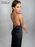 Backless Chain Satin Dress Women Black Sleeveless 2022 Summer Midi Green Y2K Sexy Bodycon Dresses Club Off