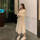Zingj Flower Dress Female Autumn Outfit 2024 New Very Fairy Flounce V Collar Design Sense First Love Department Long Sleeve Skirt-Outfit