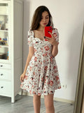 Print Square Neck Puff Sleeve Pleated Hem Dress Summer Backless A-line Casual Dress Women Short Dress Floral