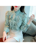 Floral Printed Blouse Women 2023 Fashion Long Sleeve Ruffle Stitching Shirts Stand Collar Vintage Flower Blouse Top