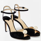 Temperament Fish Mouth Jc High-Heeled Sandals Pure Color Lace Sweet Pearl Toe High-Heeled Sandals Direct