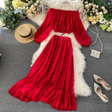 Beach Style Two Piece Set Women Summer Ropa Mujer Sexy Off Shoulder Short Tops+ Long Skirts Sweet 2 Piece