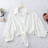 2021 Summer Half Sleeve Buttoned Up Shirt Loose Casual Blouse Chiffon Shirts Women Tied Waist Elegant Blouses for