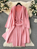 Autumn Thick Warm Knitted Suits 2023 Strap Knit Dress+Loose Long Cardigans Sweater Home Wear Casual Two Pieces
