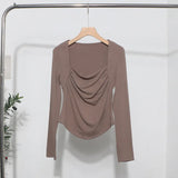 French Style Long-Sleeved T-Shirt Girl Autumn And Winter Collar Folded Folded Body Inside The Bottom Shirt Top