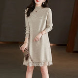 And Winter Knitted Dress Women's Casual Lace Sweater Skirt Medium-Length Semi-High Collar Bottom Sweater