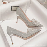 Heels Female Fine Tip Sexy Golden Wedding Shoes Bridesmaids Show Hedley French Girl Bow Silver Single