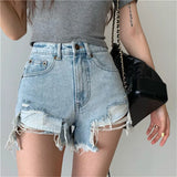 Denim Shorts For Women 2021 Summer High Waist Streetwear Ripped Shorts With Tassel Pockets Mini Short Jeans Feminino