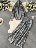 Hoodie Sporty Suits Zipper Loose Cardigan+High Waist Wide Legs Long Pants 2023 Autumn Women Fashion Print Casual