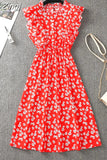 Women Summer Polka Dot Chiffon Dress Short Sleeve Party Sweet Slim A-Line Casual Elastic Waist Elegant Midi Dresses Robe